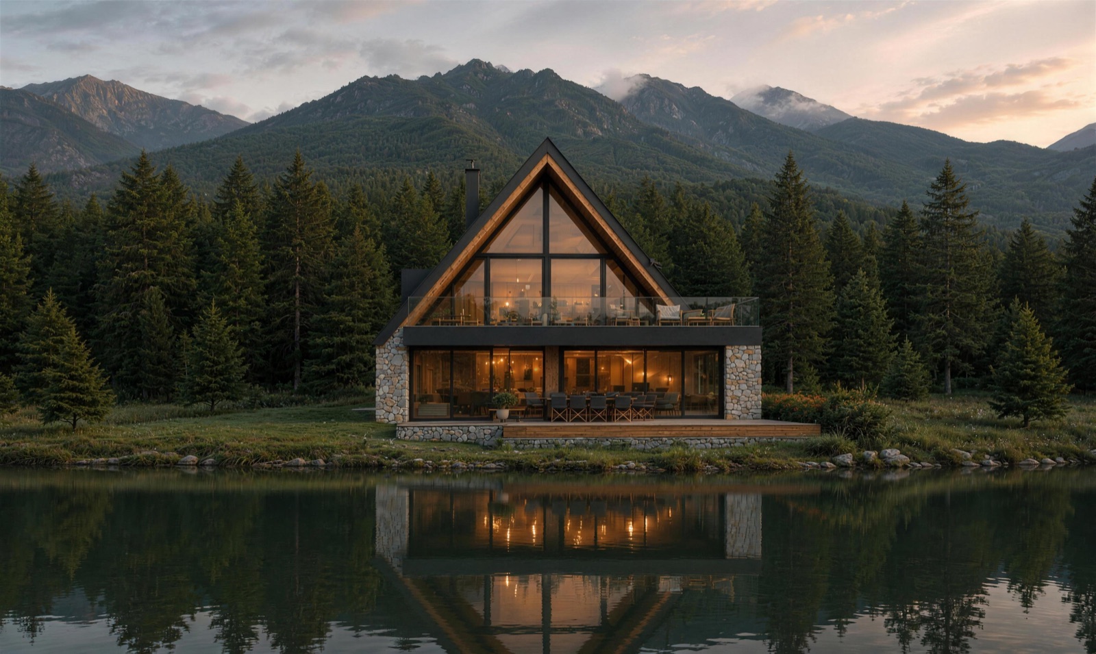The house glowing at dusk, reflected in the lake
