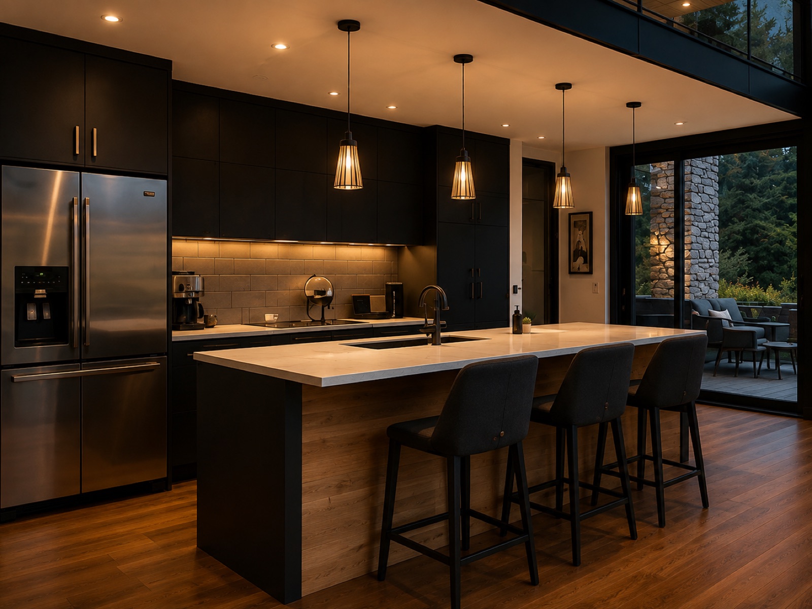 Modern kitchen with island, bar stools and pendant lights