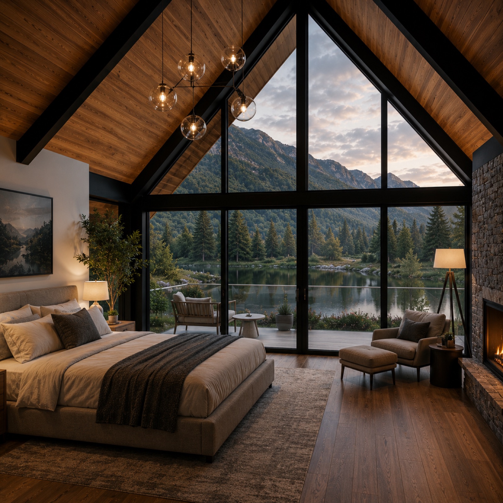 Bedroom corner with soft daylight and mountain views