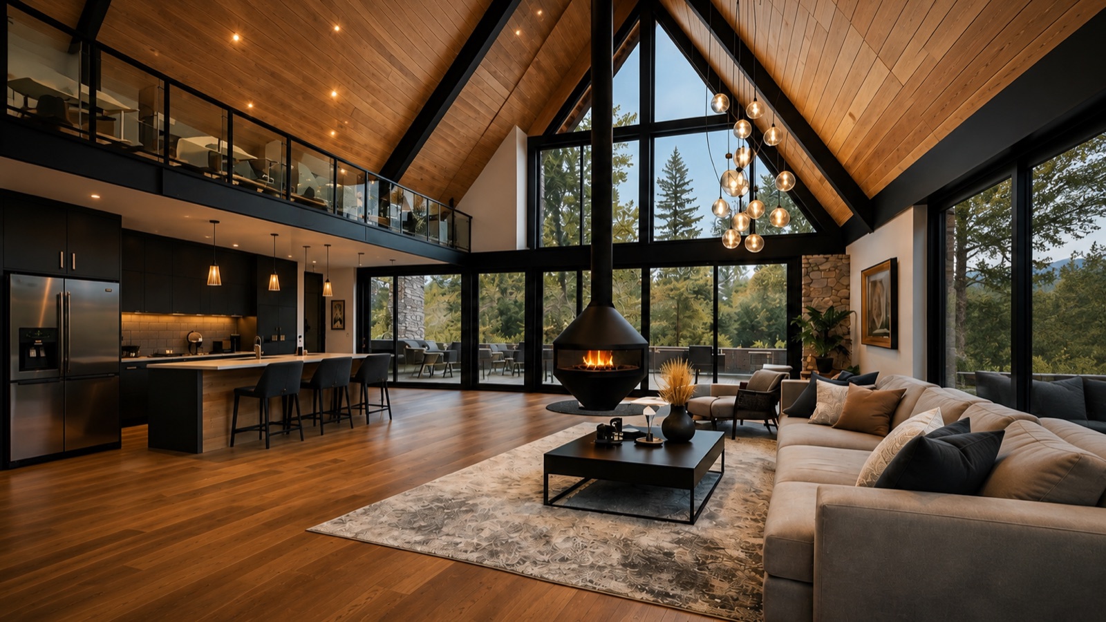 Open living room with vaulted wood ceiling and fireplace