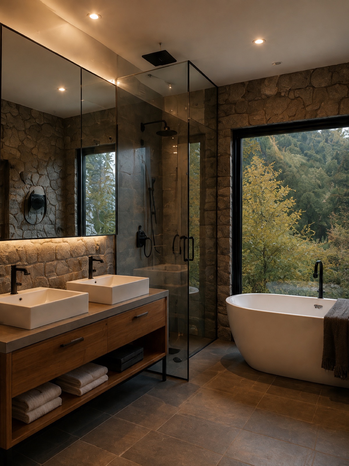 Floor-to-ceiling windows looking out over the forest