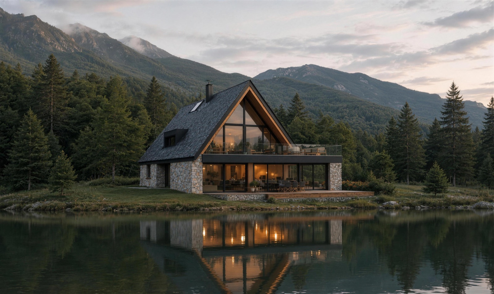 A-frame mountain house on a lake at sunset, surrounded by pine forest